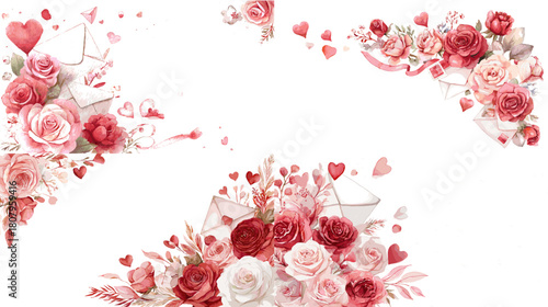 Watercolor illustration of pink and red roses with hearts envelopes and floral decorations. Perfect for romantic themes wedding invitations valentines designs and love inspired artwork.