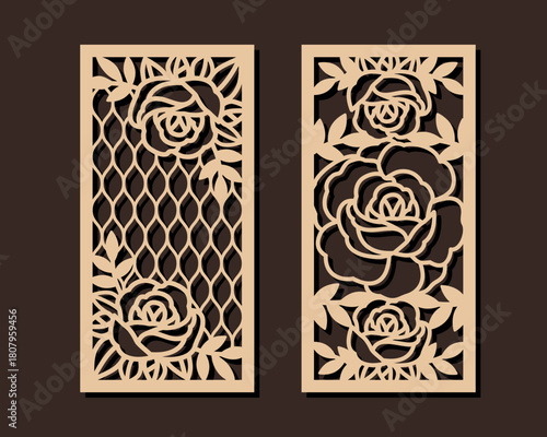 Decorative panels with roses flowers. Cutout vector floral design for home interior decor, privacy screen, wall and paper art, room dividers. Template for laser, cnc, plasma and plotter cutting