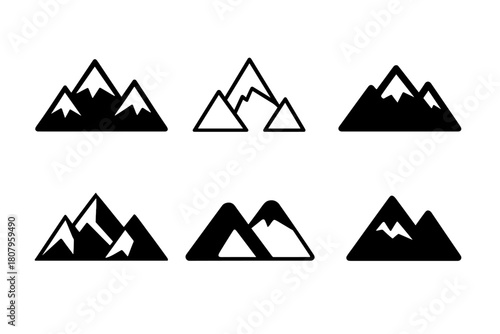 Distant Mountain Logos. Distant Mountains. Icon set. Set Logo of Distant Mountains: Snow-capped peaks. harmonious logo variations of the same emblematic