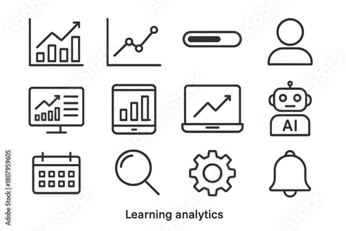 Learning Analytics Icons. Learning analytics. Line icon set of learning analytics: bar chart, pie chart, scorecard, timeline, heatmap, progress arrow, average