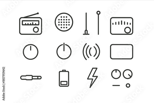 Radio Tuner Icons. Tuner radio. Line icon set of tuner radio: AM/FM radio, speaker, antenna, tuning dial, volume knob, power button, signal waves, display