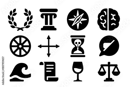 Stoic Symbols Icons. Stoicism. Solid icon set of Stoicism: laurel wreath, stoic column, virtue compass, reason brain, fate wheel, dichotomy control chart,
