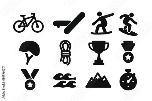 Extreme Sports Icons. High-Risk Activities. Solid icon set of High-Risk Activities: parachuting, rock climbing, base jumping, skydiving, motocross, bungee