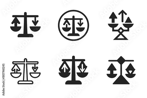 Investment Balance Icons. balance in financial investments. Icon set. Set Logo of balance in financial investments: scale balancing stock market arrows.
