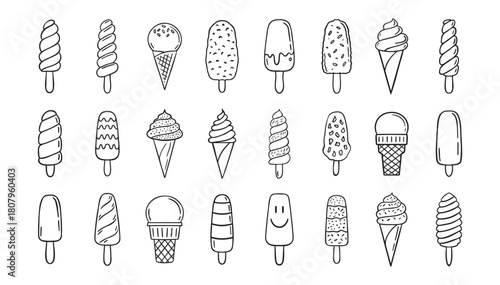  ice cream doodle hand drawn icon set. Outline drawing ice cream line clipart symbol collection
