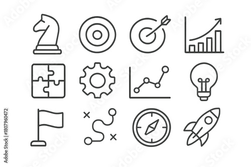 Core Strategy Icons. Core Strategy. Line icon set of Core Strategy: chess piece, target, arrow, chart, puzzle, gear, graph, light bulb, flag, roadmap, compass,