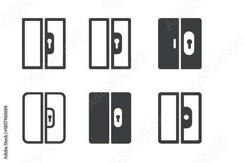 Sliding Door Logos. Sliding doors. Icon set. Set Logo of sliding doors: glass patio slider with two panels and central handle. harmonious logo variations of