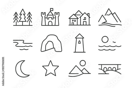 Story Settings Icons. Story settings. Line icon set of story settings: forest, castle, village, mountain, river, cave, tower, sea, moon, star, desert, bridge.