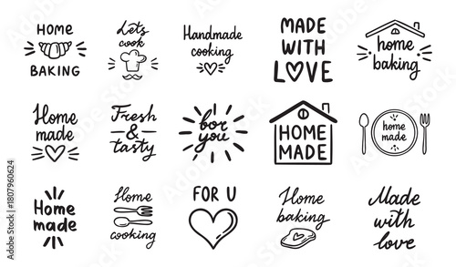 Home cooking, home baking or made with love, old style kitchen lettering, food and cooking set. Home made doodle simple ink or pen outline emblems
