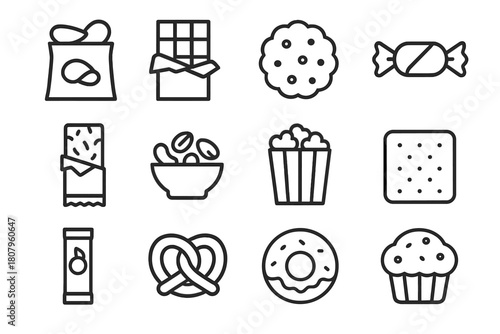 Snack Icon Set. Snacks. Line icon set of Snacks: chips, popcorn, pretzel, nuts, chocolate bar, candy, cookie, granola bar, trail mix, crackers, fruit bar,