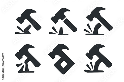 Hammer Icon Set. Blue-collar worker. Icon set. Set Logo of Hammer: Tool in action. Symmetrical form, Stylized detail, Negative space, Minimal outline, Abstract