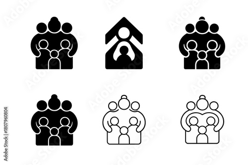 Family Care Icons. elderly care within the family unit. Icon set. Set Logo of elderly care within the family unit: multigenerational family unity symbol.