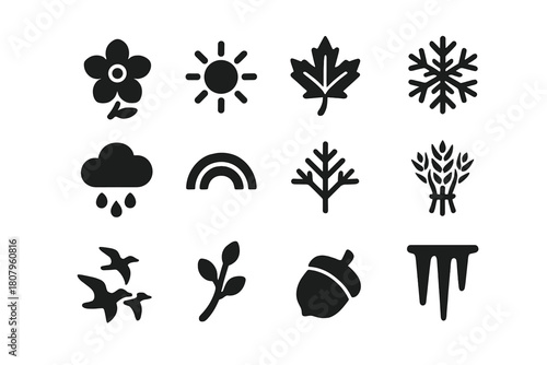 Nature Seasons Icon Set. Seasons in Nature Painting. Solid icon set of Seasons in Nature Painting: spring blossom, summer sun, autumn leaf, winter snowflake,