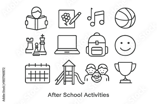After School Icon Set. After School Activities. Line icon set of After School Activities: reading, drawing, music, ball, chess, notebook, backpack, smile,