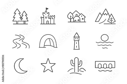 Story Settings Icons. Story settings. Line icon set of story settings: forest, castle, village, mountain, river, cave, tower, sea, moon, star, desert, bridge.