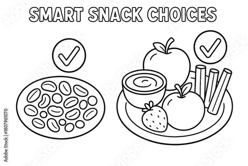 Healthy Snack Choices. Smart snack choices children?s coloring book illustration, outlined drawing, two small plates showing nuts, yogurt, fruit, and veggie