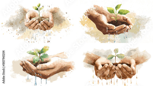 Watercolor illustration of hands holding soil with a young green sprout symbolizing growth nurture sustainability and environmental care. Ideal for eco themes agriculture and nature design.