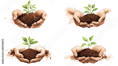 Watercolor illustration of hands holding soil with young green sprouts symbolizing growth care farming and sustainability. Ideal for eco themes agriculture design and environmental projects.