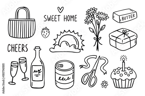 Sweet Home full sweet home set with kitchen, living and bedroom items line art outline, monochrome hand drawn