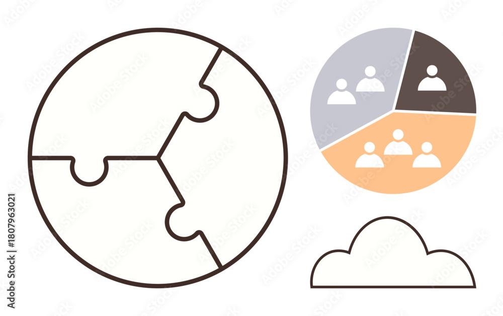 Obraz premium Globe-shaped puzzle divided into three segments, team member icons in segments, and a minimalist cloud. Ideal for teamwork, global strategy, connectivity, diversity, organization, problem-solving