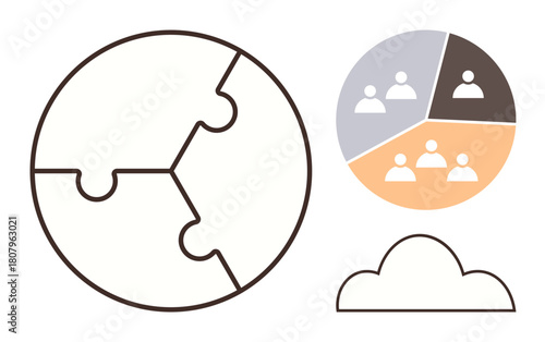 Globe-shaped puzzle divided into three segments, team member icons in segments, and a minimalist cloud. Ideal for teamwork, global strategy, connectivity, diversity, organization, problem-solving