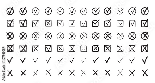 Check marks hand drawn doodle set. tick, cross signs for checkbox, checklist, v and x in sketch set.