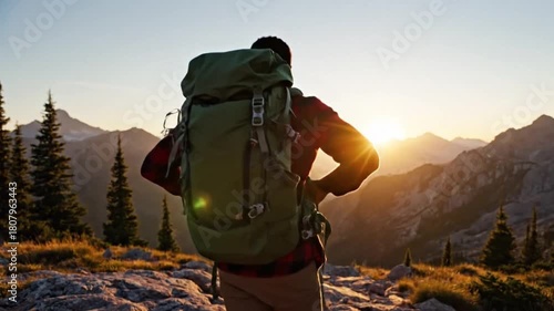someone tying hiking boots and adjusting a backpack on rocky ground at sunrise