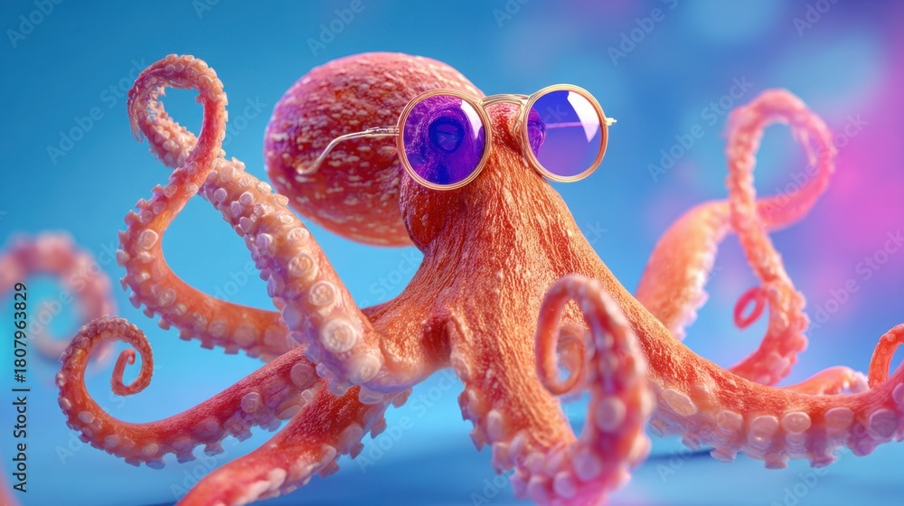 Obraz premium A colorful octopus floats gracefully in a lively underwater scene. It sports sleek sunglasses, adding a fun touch to its playful demeanor against a bright blue backdrop filled with bubbles.