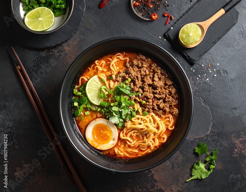 Delicious Spicy Ramen Bowl with Ground Meat and Fresh Herbs on Dark Surface