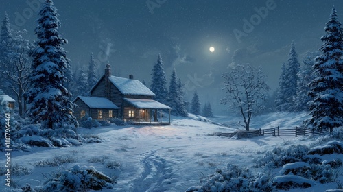 silent snowy winter meadow with evergreen trees under cool peaceful night sky