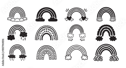 monochrome rainbow icon black set, flat cartoon hand drawn cute rainbow style. Rainbows with clouds hand drawn elements collection.