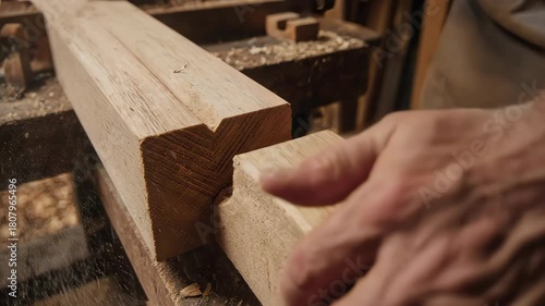 Close up of wooden beams joined together with a mortise and tenon joint.