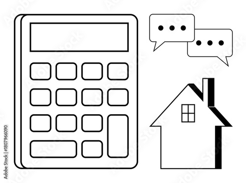 Calculator, house, and speech bubbles symbolizing real estate calculations, financial analysis, or price discussions. Ideal for finance, property, investment, communication housing budget
