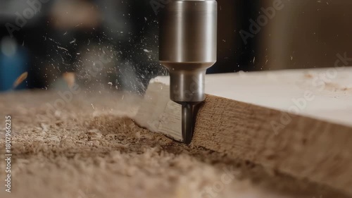 CNC Machine Carving Wood Creating Sawdust Close Up Shot.