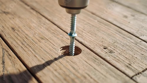 Close-up of a drill screwing a bolt into weathered wooden planks.