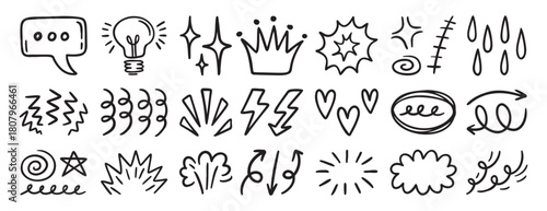 Set of random doodle sketch elements, decorative hand drawn icons for creative design