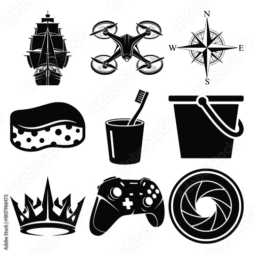 Set of black and white vector illustrations featuring a ship, drone, compass, crown, and more