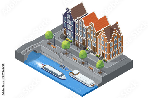 Isometric illustration of an old European Amsterdam canal street with historic narrow houses, boats, bridge, trees and promenade in a classic Dutch cityscape