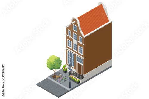 Isometric narrow Amsterdam house with ornate gable, red roof, large front windows, bikes, flowers and a tree on a European old-city street.