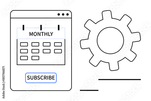 Monthly calendar with Subscribe button and gear icon symbolizing automation, settings, and preferences. Ideal for scheduling, subscription management, technology, business, organization, workflow