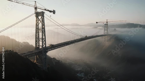 Construction of a massive suspension bridge shrouded in morning fog.
