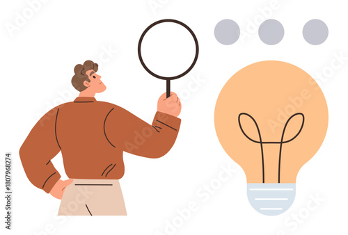 Observant man with magnifying glass analyzing lightbulb. Ideal for innovation, discovery, research, problem-solving, creativity, analysis, clarity. Simple flat metaphor