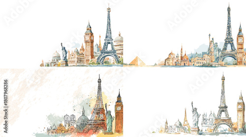 Watercolor illustration of famous world landmarks including the Eiffel Tower Big Ben Statue of Liberty and other iconic buildings. Perfect for travel themes posters maps and global design.