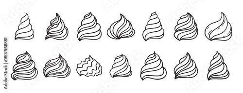 Cream for cakes or for ice cream doodle hand drawn icon set. Outline drawing cream for cakes or for ice cream line clipart symbol collection