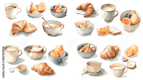 Watercolor illustration of breakfast foods including croissants fruit coffee cups bowls and sweet pastries. Ideal for cafe menus food branding kitchen decor and culinary design.