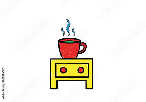 Red mug with steam on a yellow bedside table in a minimal style  