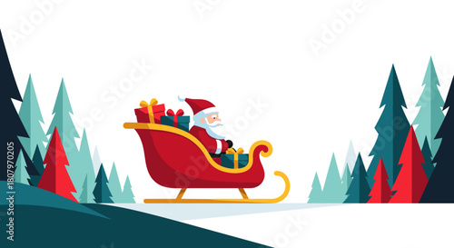 Santa Claus sitting in a sleigh filled with gifts in a snowy forest  