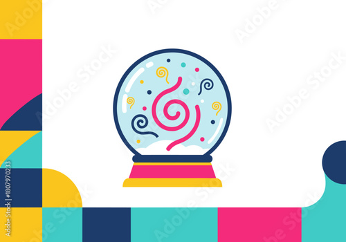 Colorful snow globe with swirls and patterns on white background Concept of Christmas and New Year  