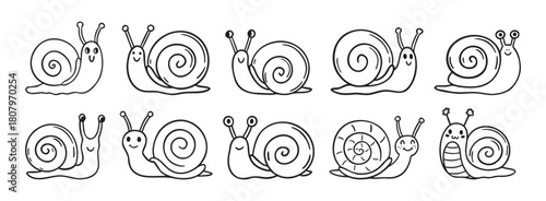 cute snail icon doodle hand drawn set. Outline happy snail character with smile line drawing clipart symbol collection