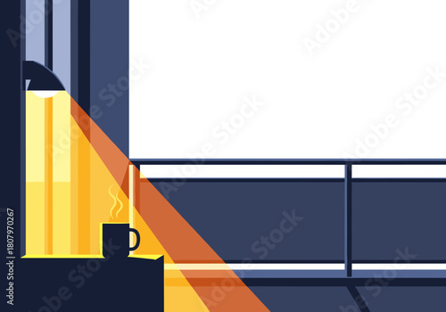 Urban balcony with warm light and coffee mug in cozy setting - Concept of Christmas and New Year  